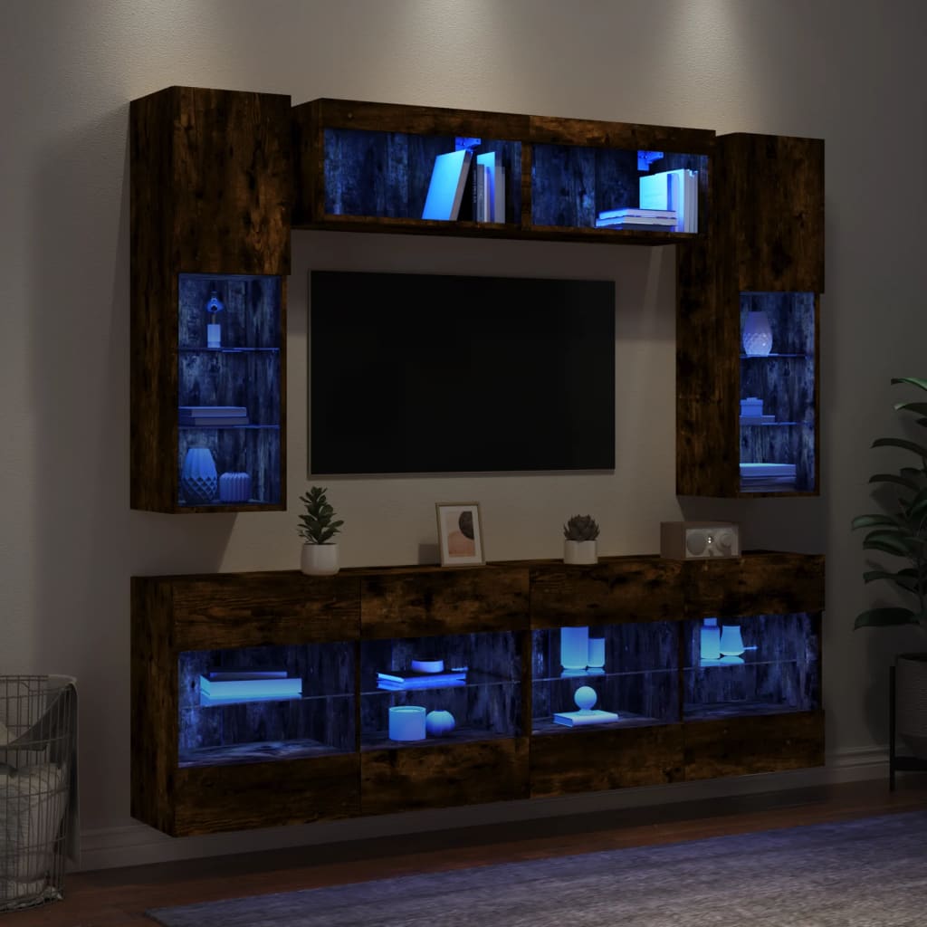 vidaXL Vegghengte TV-benker med LED 6 stk røkt eik