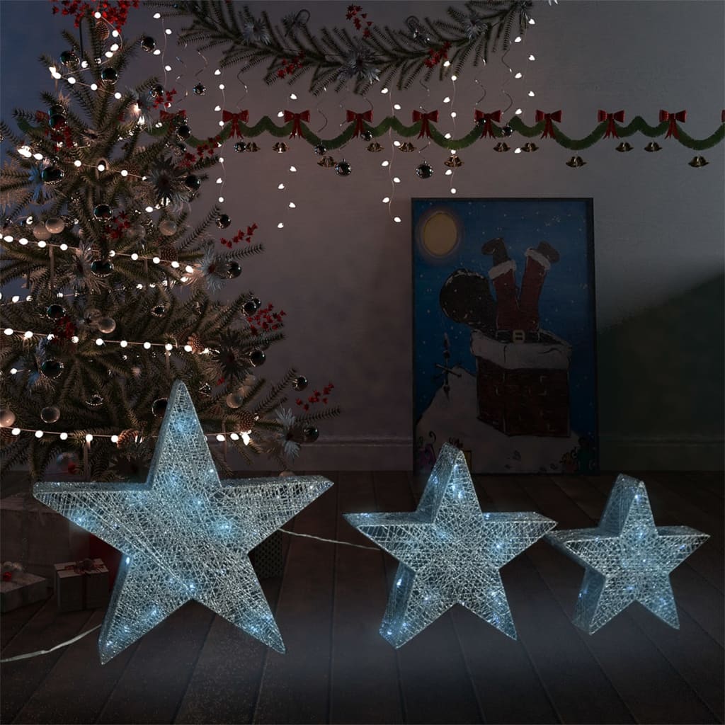 vidaXL Julepynt stjerner 3 stk sølv netting LED utendørs innendørs
