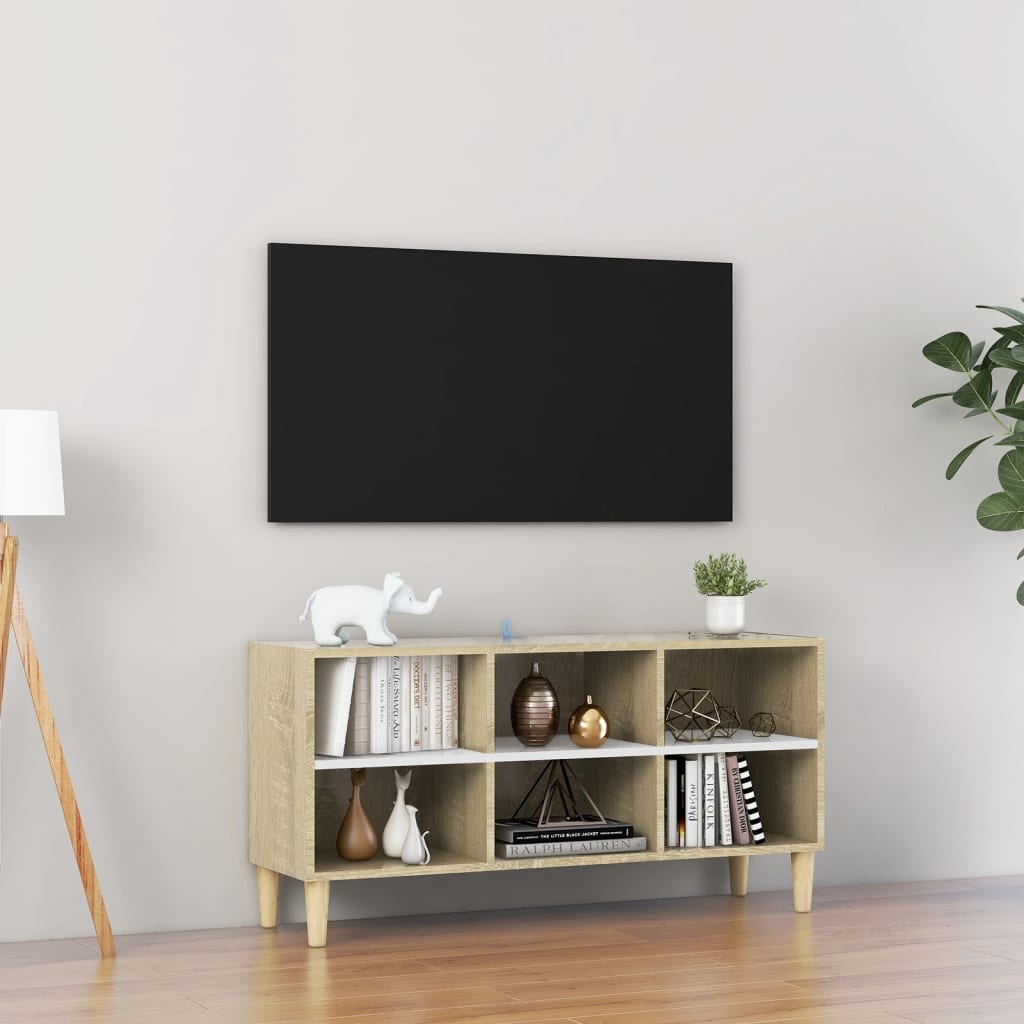 vidaXL TV-benk med ben i heltre hvit og sonoma eik 103,5x30x50 cm