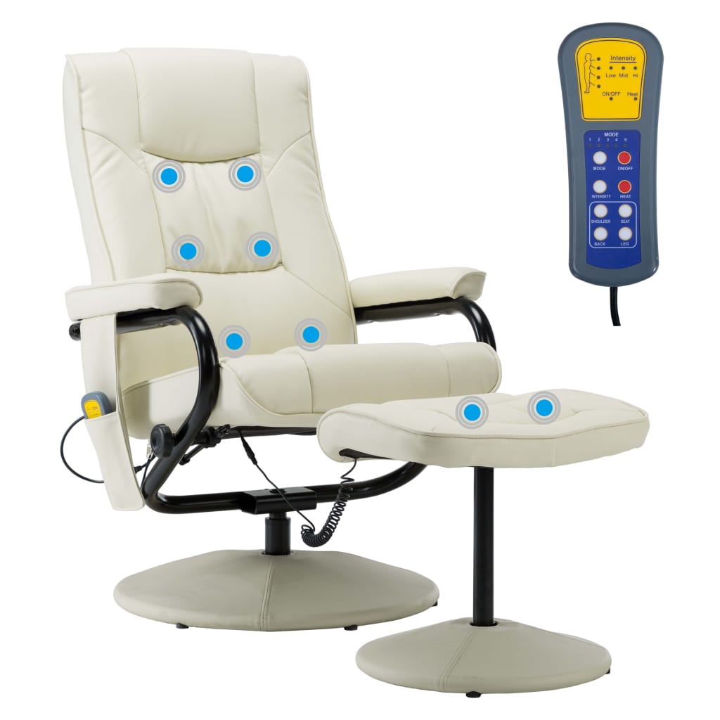 vidaXL Massasjestol med fotskammel kremhvit kunstig skinn