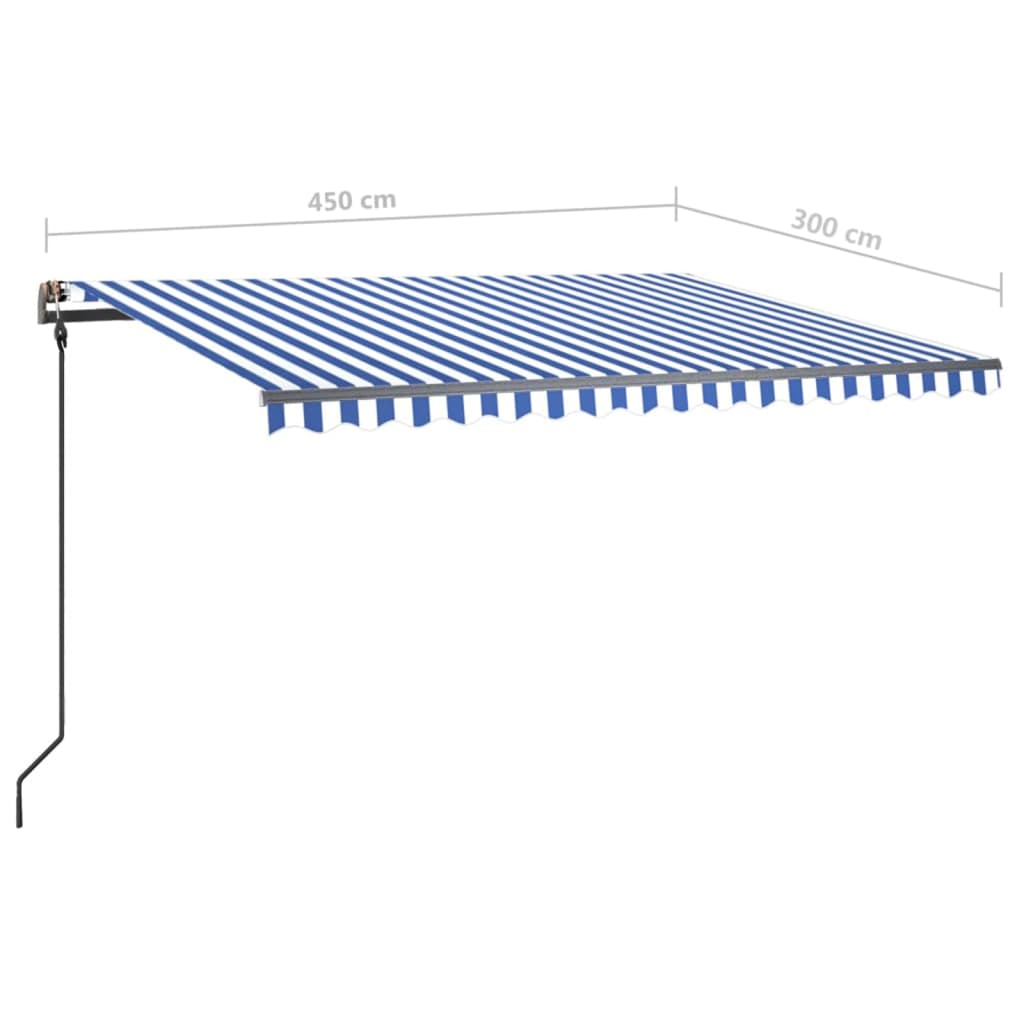 vidaXL Manuell uttrekkbar markise med stolper 4,5x3 m blå og hvit