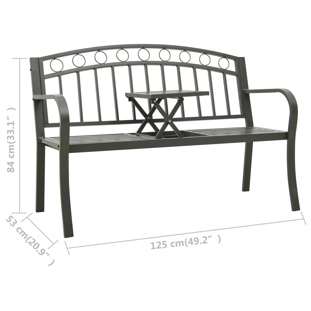vidaXL Hagebenk med bord 125 cm stål grå
