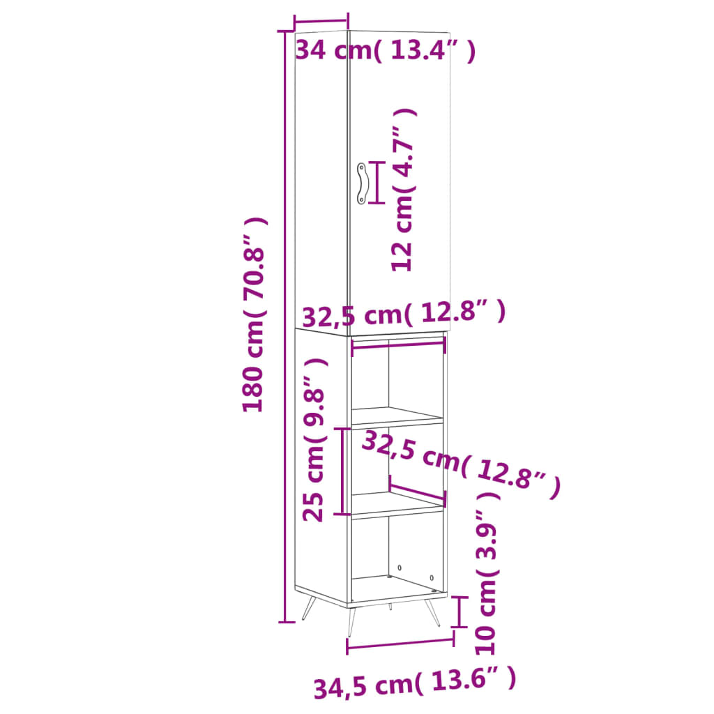 vidaXL Highboard grå sonoma 34,5x34x180 cm konstruert tre