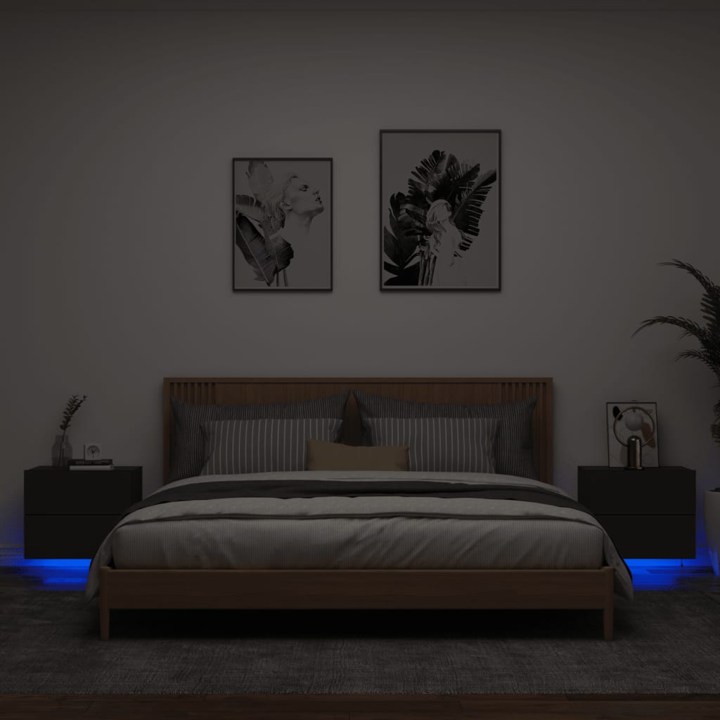 vidaXL Vegghengte nattbord med LED-lys 2 stk svart