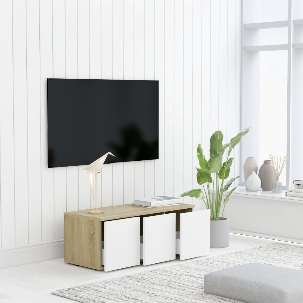 vidaXL TV-benk hvit og sonoma eik 80x34x30 cm sponplate