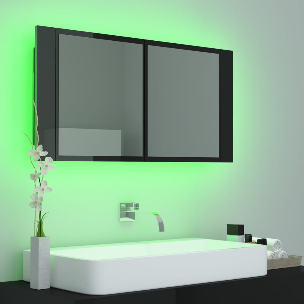 vidaXL LED-speilskap høyglans svart 90x12x45 cm akryl