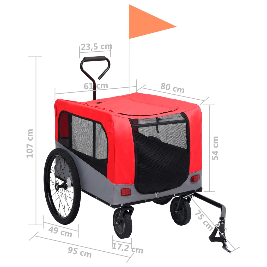 vidaXL Sykkeltilhenger og joggevogn for kjæledyr 2-i-1 rød og grå