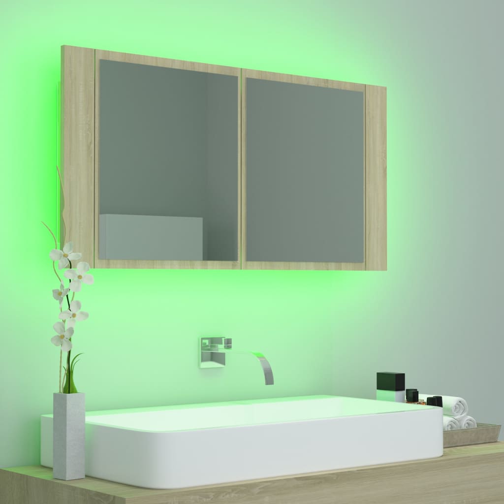 vidaXL LED-speilskap til baderom sonoma eik 90x12x45 cm akryl