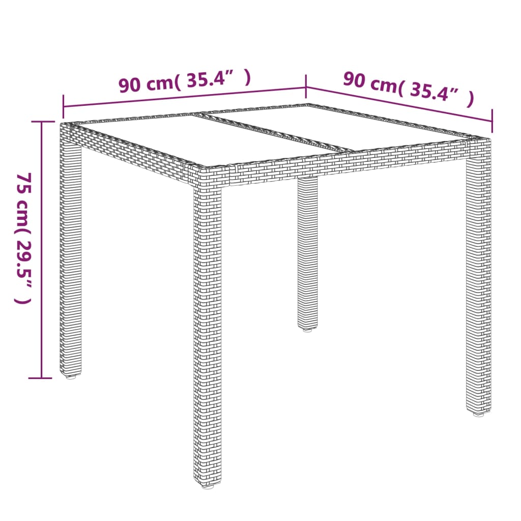 vidaXL Hagebord med glassplate grå 90x90x75 cm polyrotting