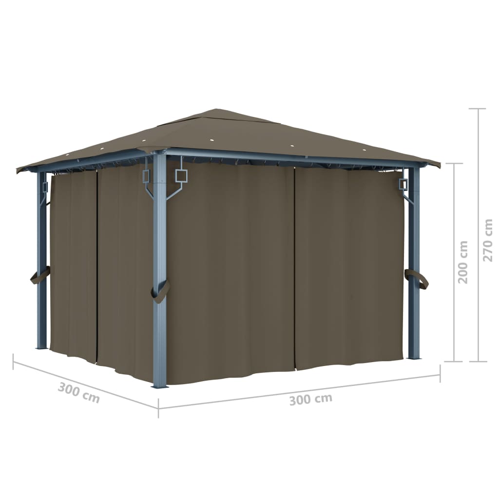vidaXL Paviljong med gardin og LED-strenglys 3x3 m gråbrun aluminium