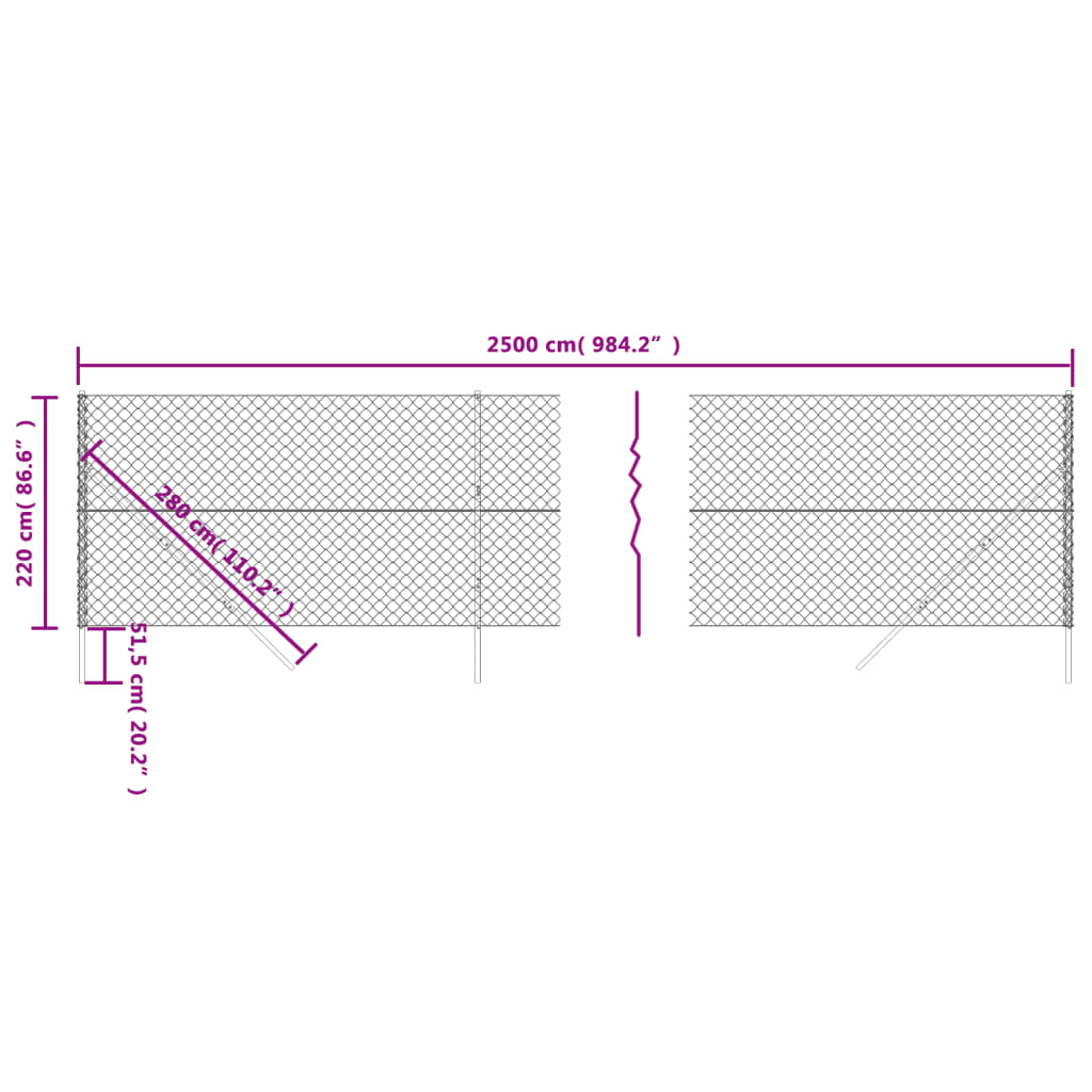 vidaXL Kjettinggjerde med flens antrasitt 2,2x25 m