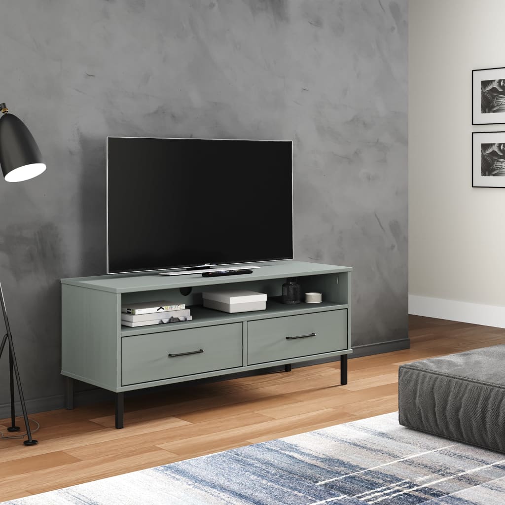 vidaXL TV-benk med metallben grå heltre furu OSLO