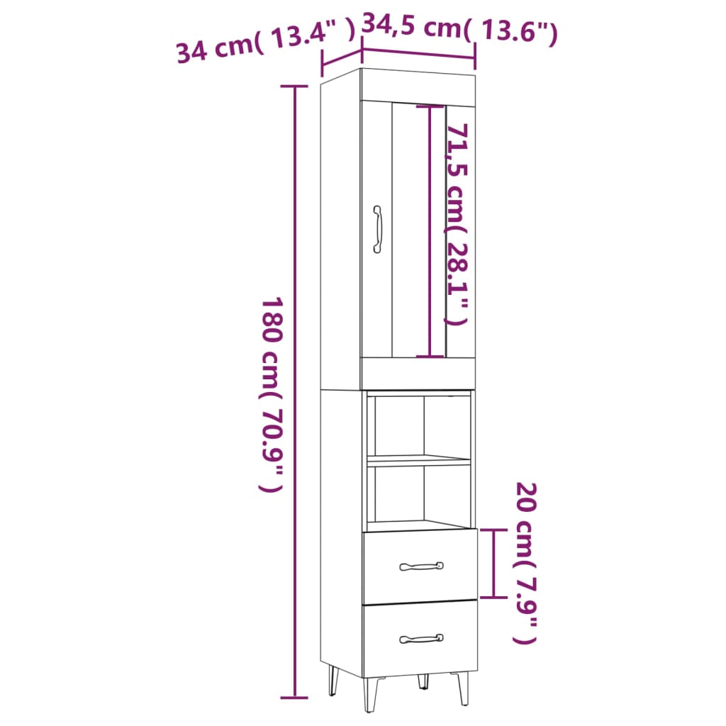 vidaXL Highboard grå sonoma 34,5x34x180 cm konstruert tre