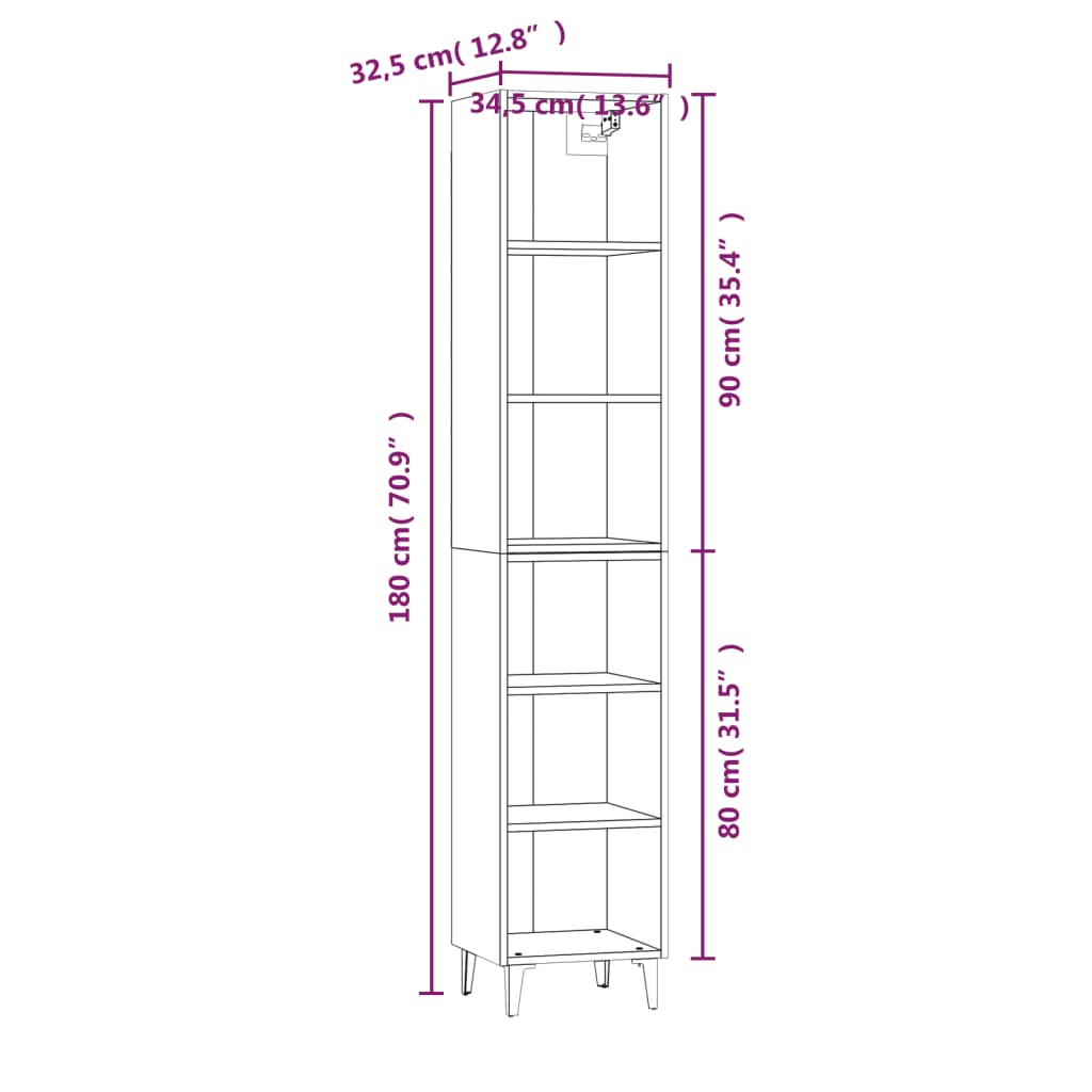 vidaXL Highboard grå sonoma 34,5x32,5x180 cm konstruert tre
