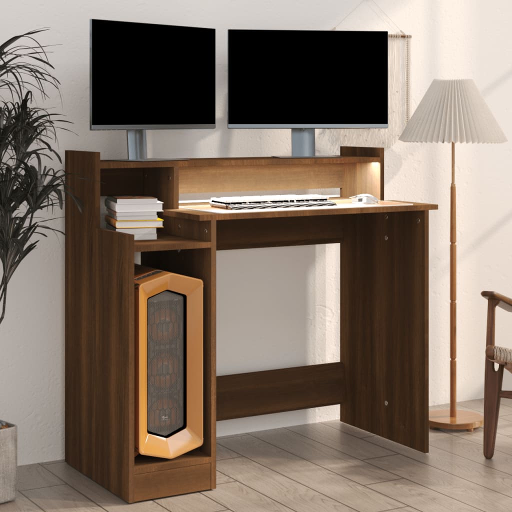 vidaXL Skrivebord med LED-lys brun eik 97x45x90 cm konstruert tre