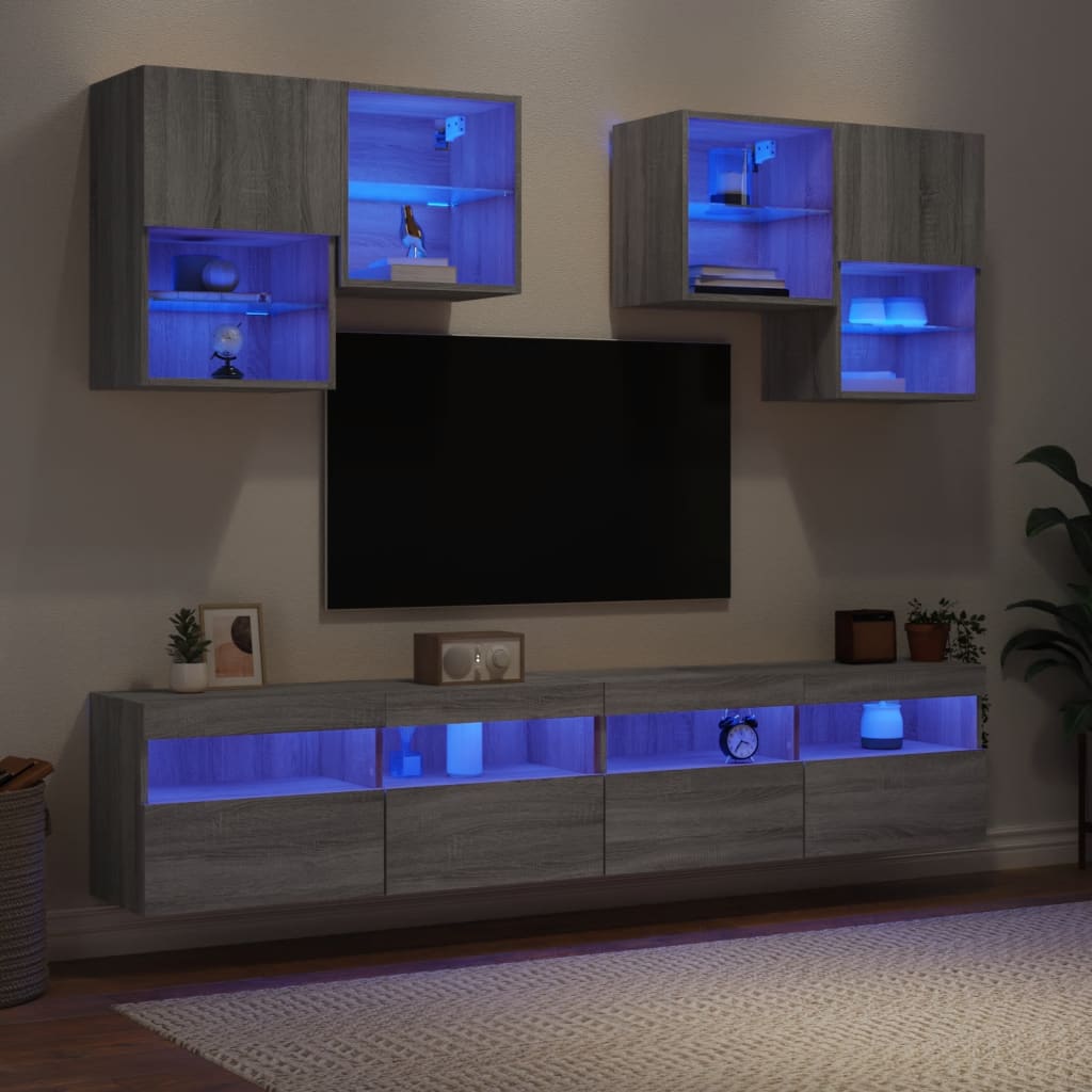 vidaXL Vegghengte TV-benker med LED 6 stk grå sonoma