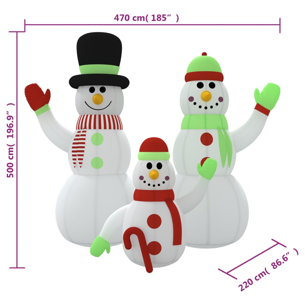 vidaXL Oppblåsbar snømannfamilie med LED 500 cm