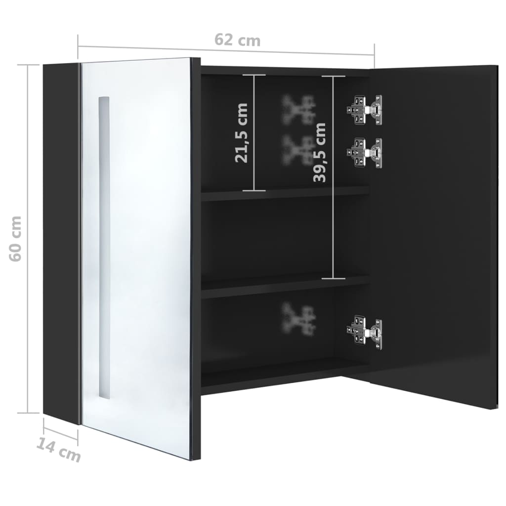 vidaXL LED-speilskap til bad blank svart 62x14x60 cm