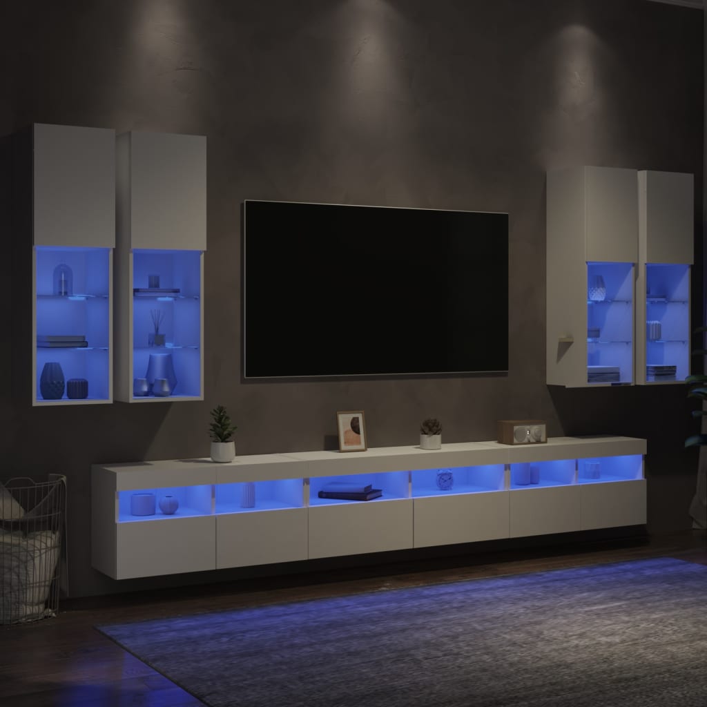 vidaXL Vegghengte TV-benker med LED 7 stk hvit