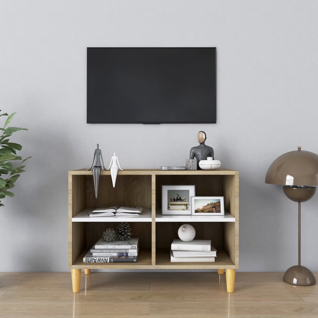 vidaXL TV-benk med ben i heltre hvit og sonoma eik 69,5x30x50 cm