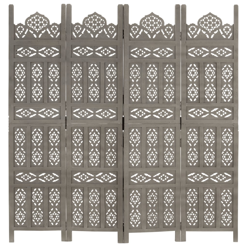 vidaXL Romdeler håndskåret 4 paneler grå 160x165 cm heltre mango