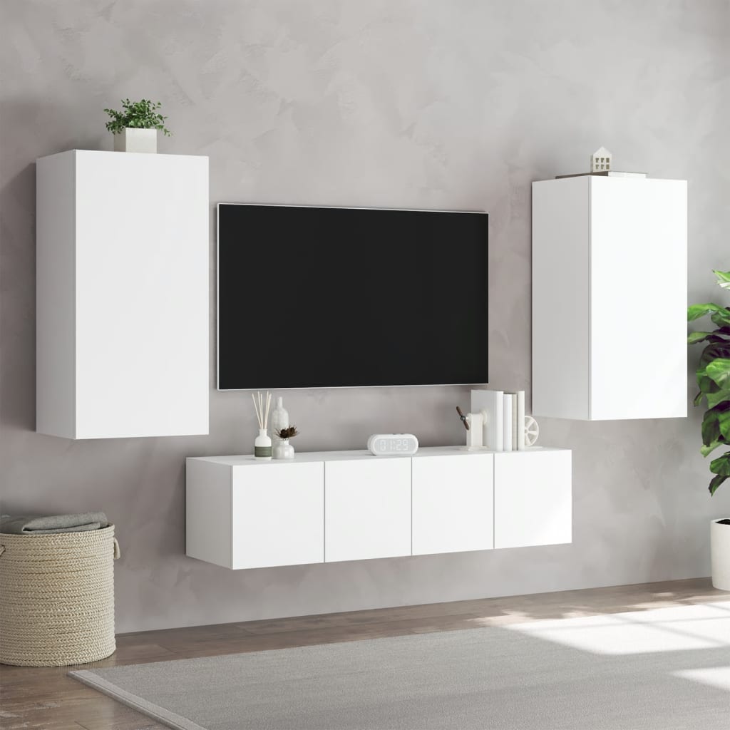 vidaXL Vegghengte TV-enheter med LED 4 deler hvit konstruert tre