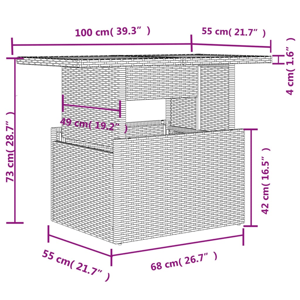 vidaXL Hagebord med glassplate svart 100x55x73 cm polyrotting