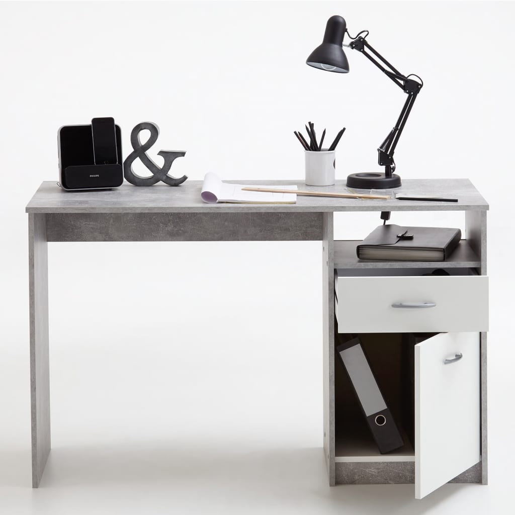 FMD Skrivebord med 1 skuff 123x50x76,5 cm betong og hvit