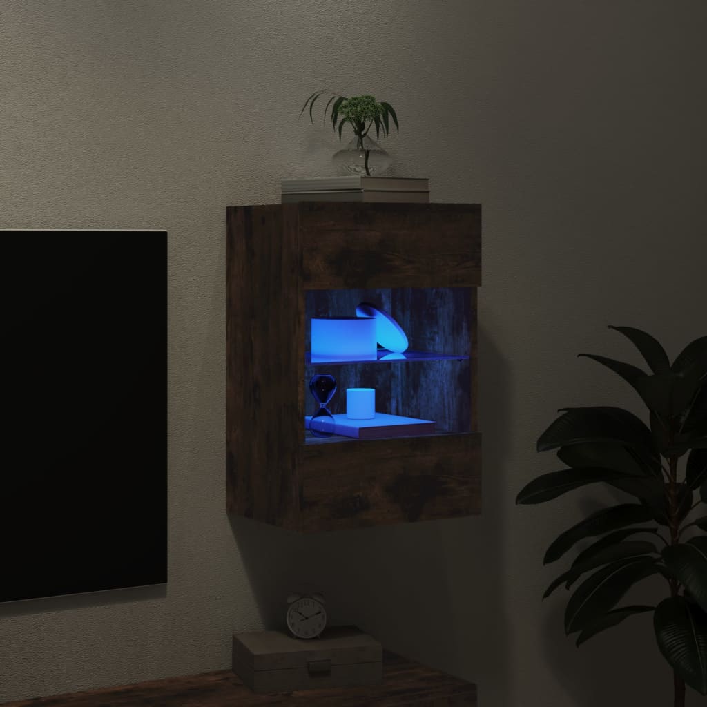 vidaXL Vegghengt TV-benk med LED-lys røkt eik 40x30x60,5 cm