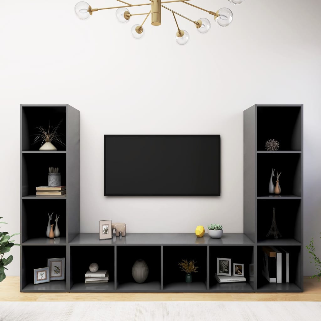 vidaXL TV-benker 3 stk grå 142,5x35x36,5 cm sponplate