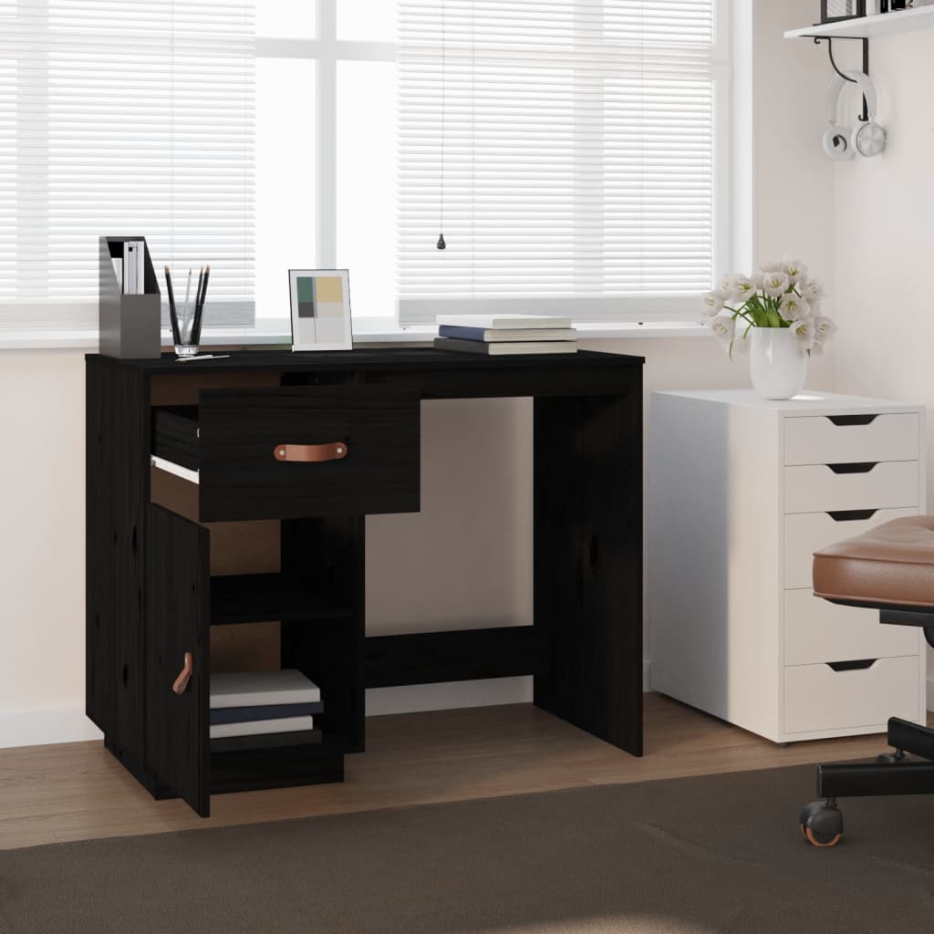 vidaXL Skrivebord svart 95x50x75 cm heltre furu