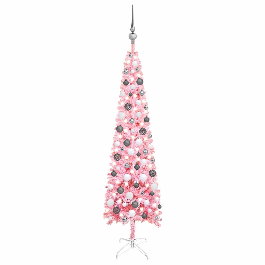 vidaXL Forhåndsbelyst slankt juletre med kulesett rosa 150 cm