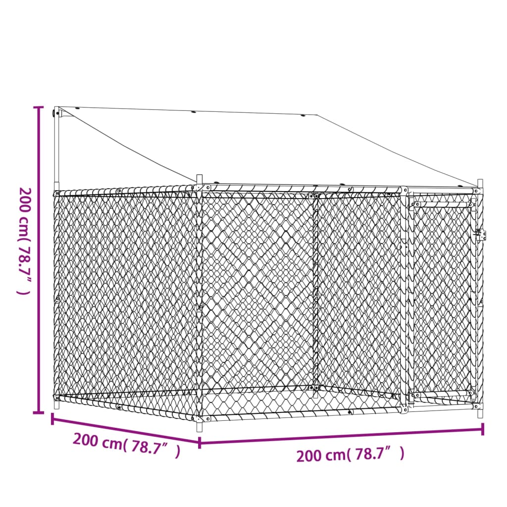 vidaXL Hundebur med tak og dør grå 2x2x2 m galvanisert stål