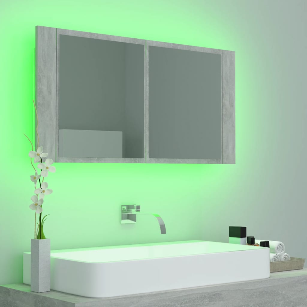 vidaXL LED-speilskap betonggrå 90x12x45 cm akryl