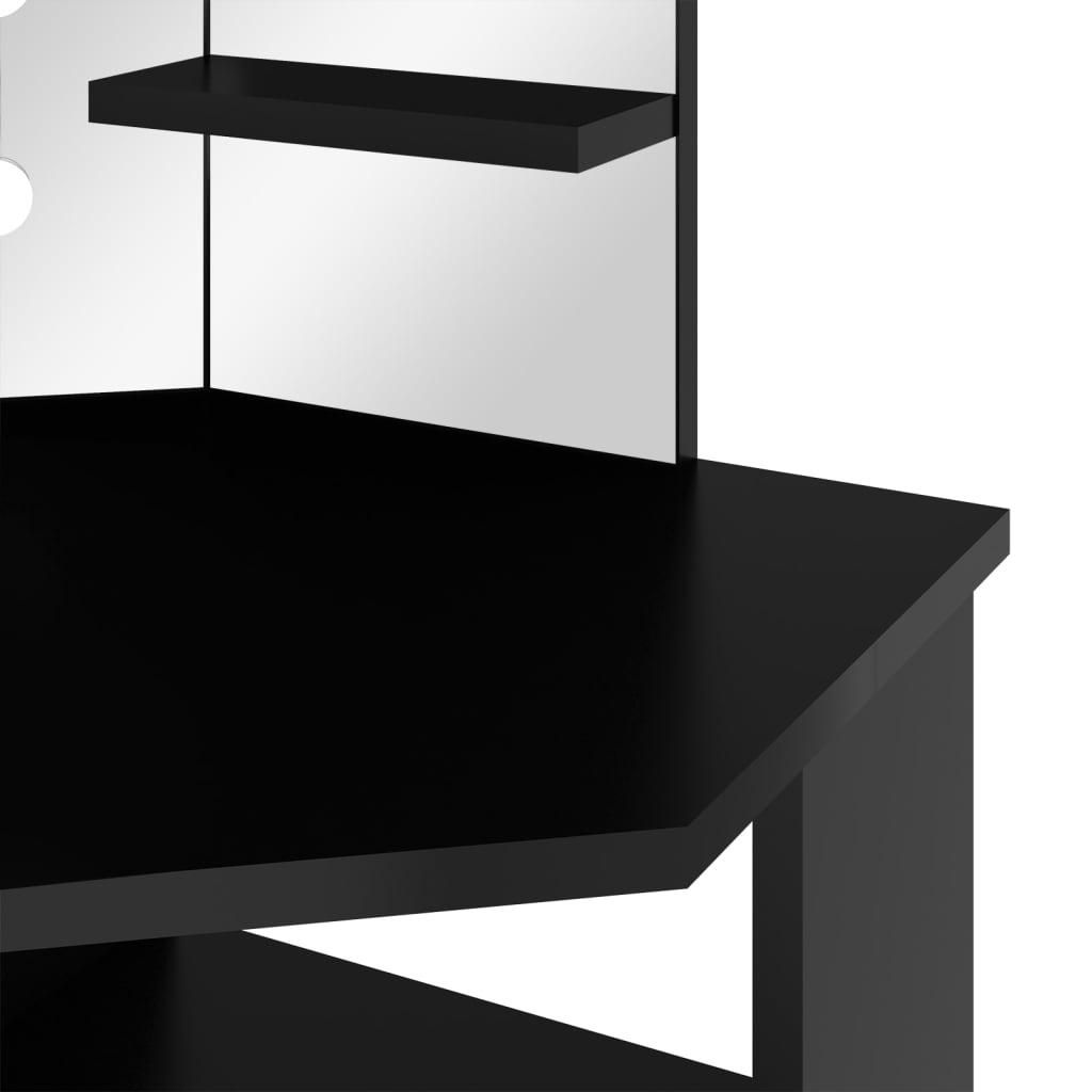 vidaXL Hjørnemontert sminkebord med LED svart 111x54x141,5 cm