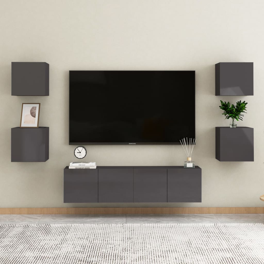 vidaXL Vegghengte TV-benker 4 stk høyglans grå 30,5x30x30 cm