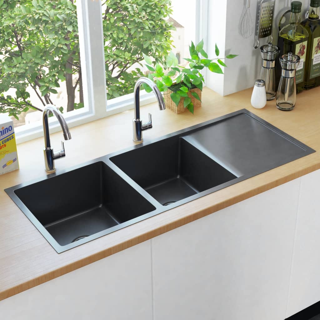 vidaXL Håndlaget kjøkkenvask med sil svart rustfritt stål