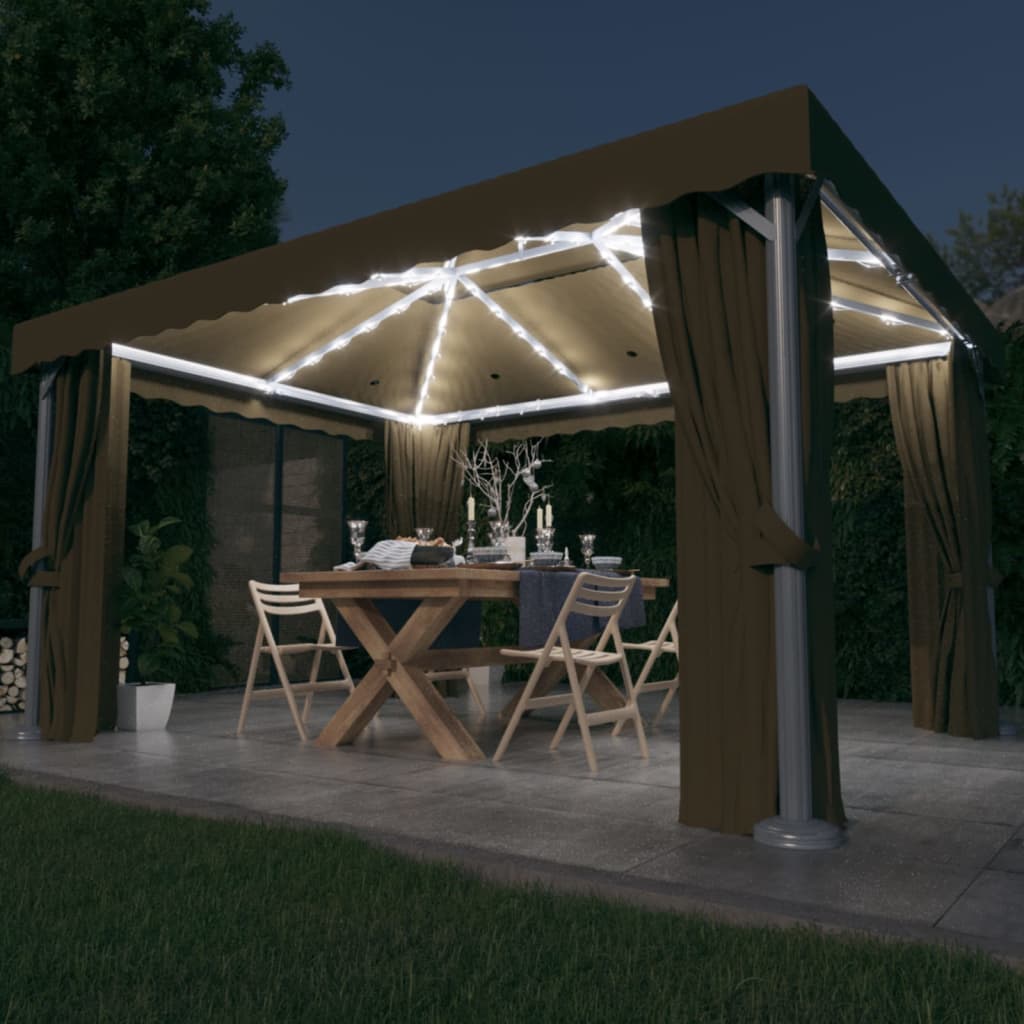 vidaXL Paviljong med gardin og LED-strenglys 4x3 m gråbrun