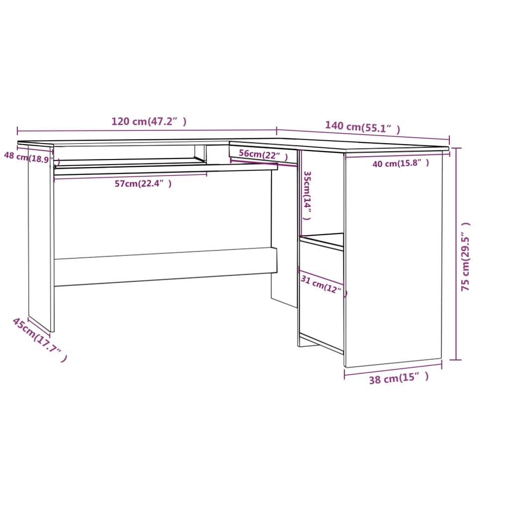 vidaXL L-formet hjørneskrivebord grå 120x140x75 cm sponplate