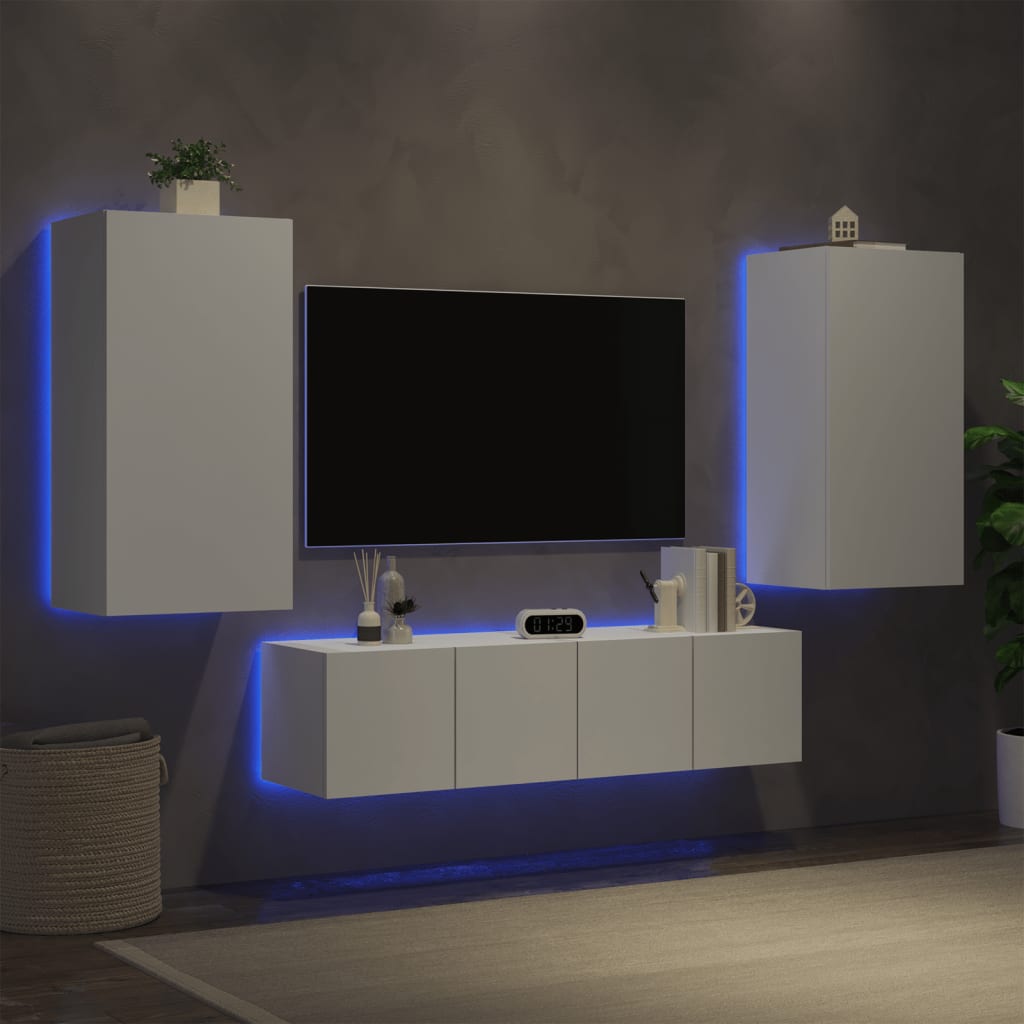 vidaXL Vegghengte TV-enheter med LED 4 deler hvit konstruert tre