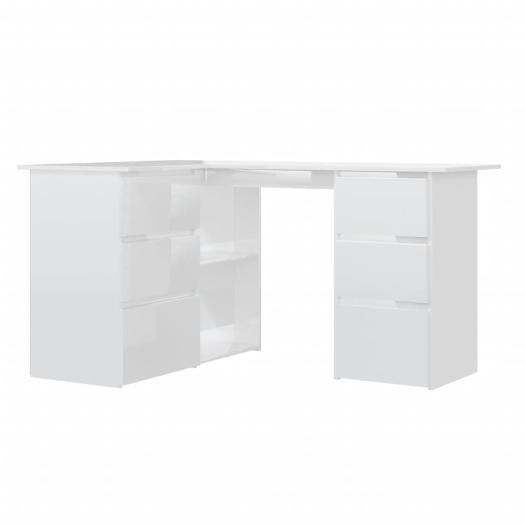 vidaXL Hjørneskrivebord høyglans hvit 145x100x76 cm sponplate