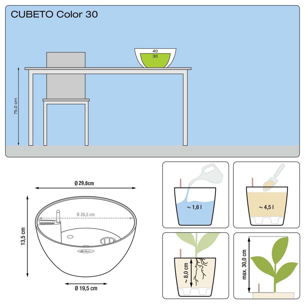 LECHUZA Plantekasse CUBETO Color 30 ALL-IN-ONE steingrå 13830
