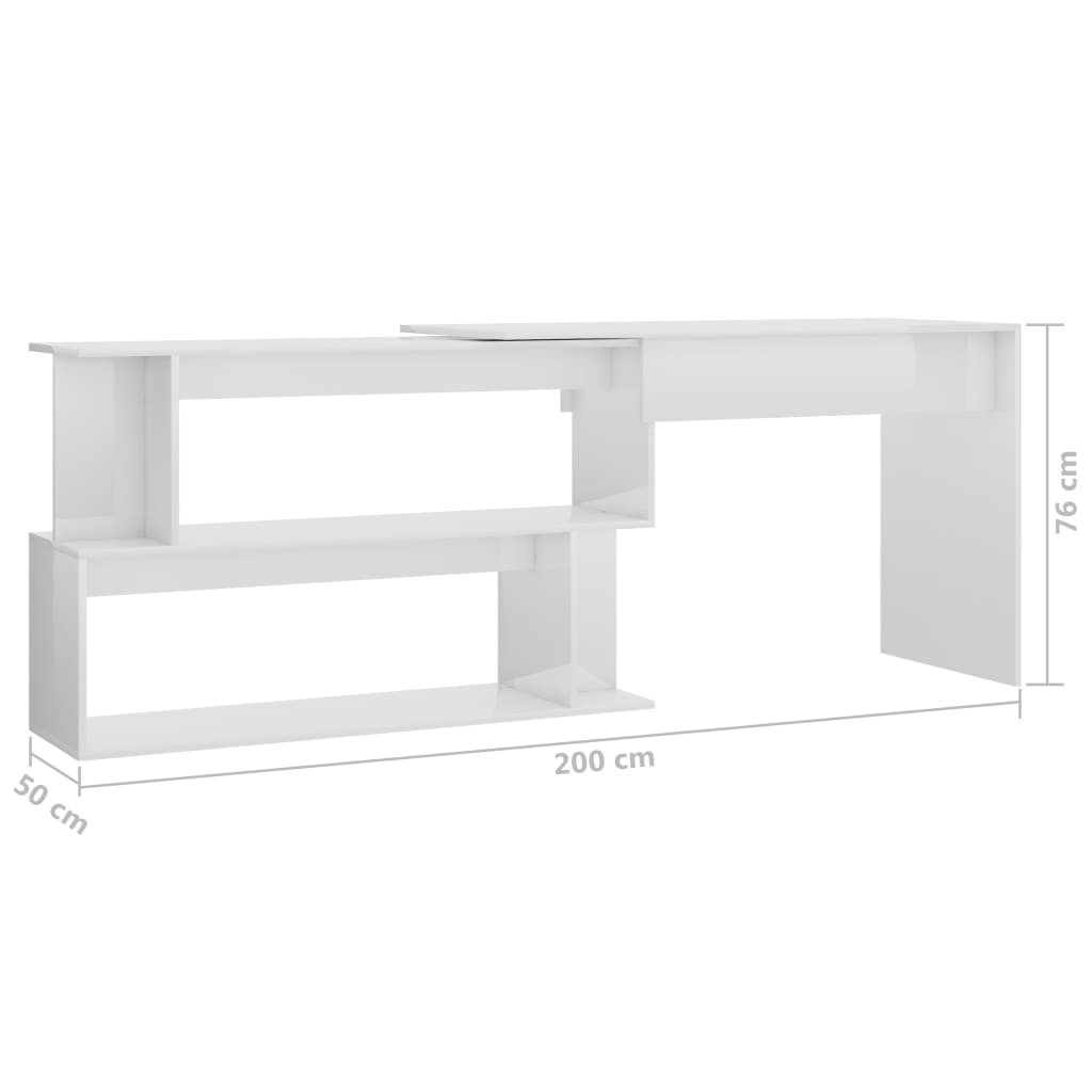 vidaXL Hjørneskrivebord høyglans hvit 200x50x76 cm sponplate