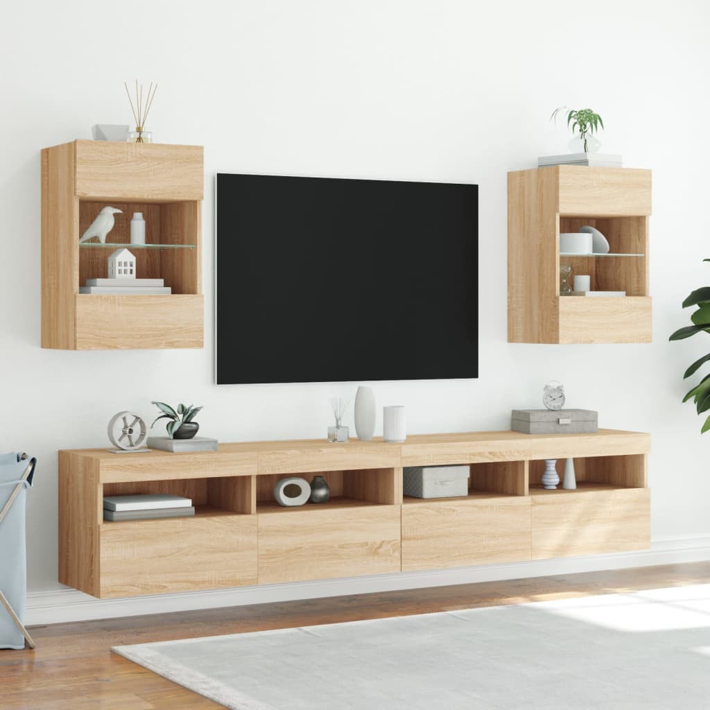 vidaXL Vegghengte TV-benker med LED 2 stk sonoma eik 40x30x60,5 cm
