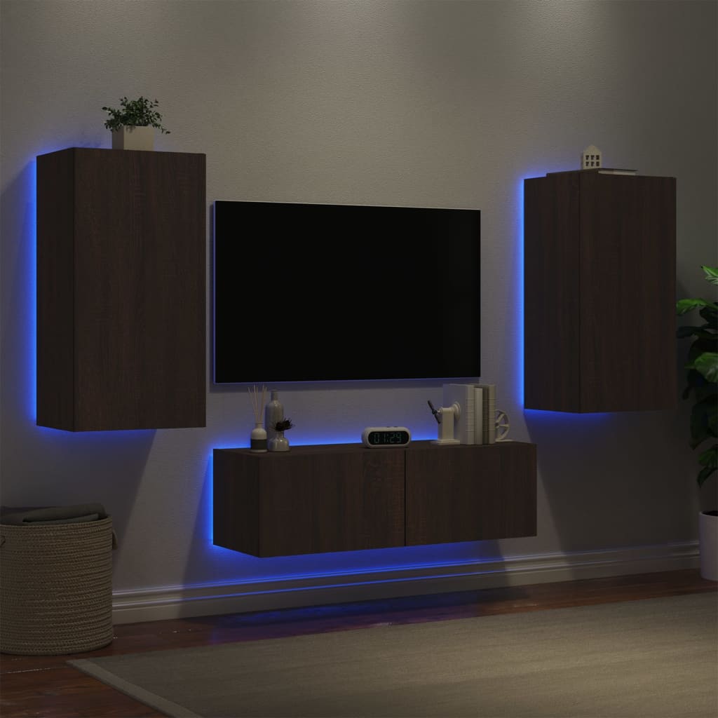vidaXL Vegghengte TV-benker med LED 3 stk brun eik