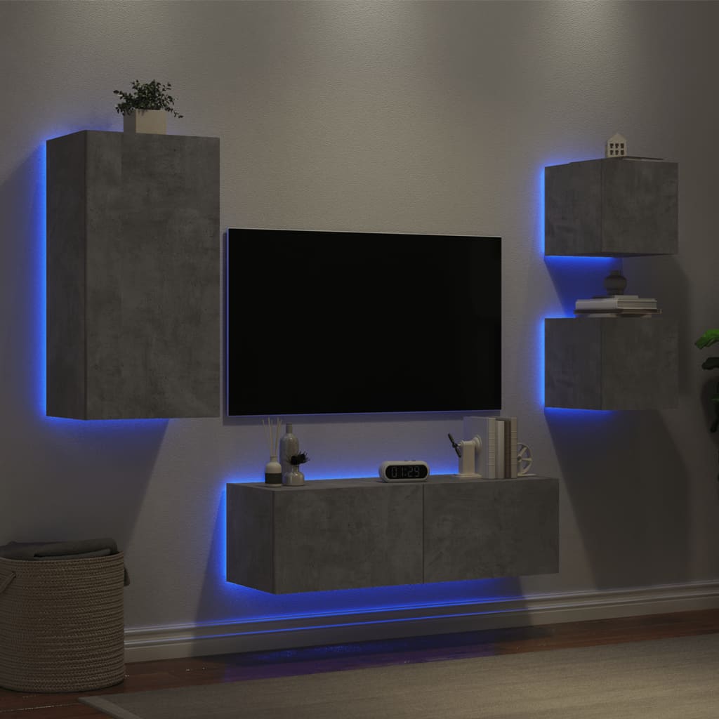 vidaXL Vegghengte TV-benker med LED 4 stk betonggrå