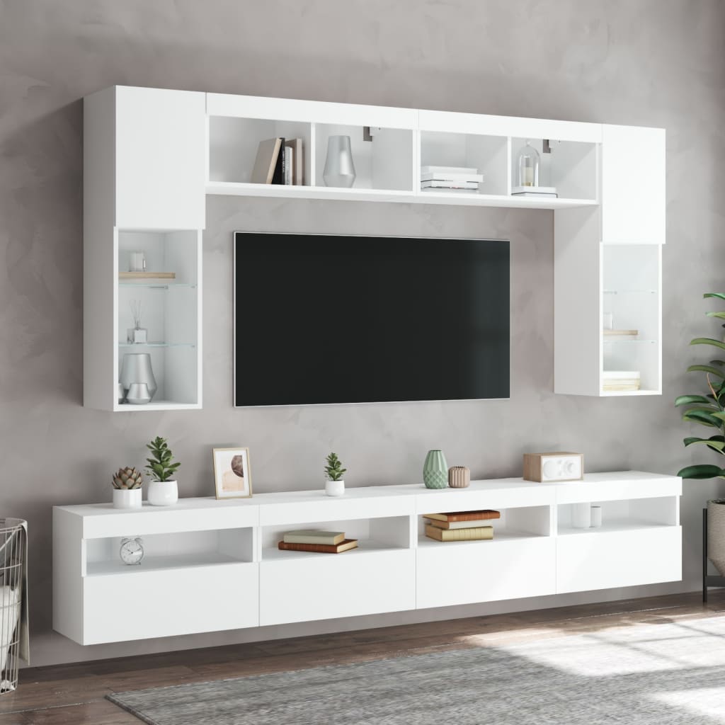 vidaXL Vegghengte TV-benker med LED 8 stk hvit