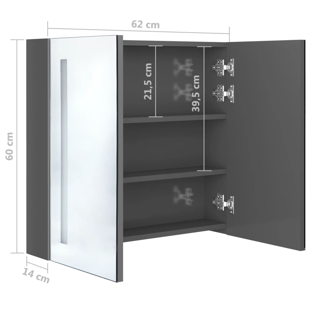 vidaXL LED-speilskap til bad blank grå 62x14x60 cm