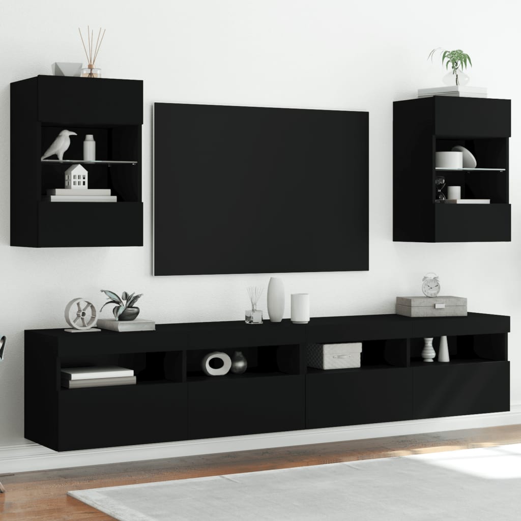 vidaXL Vegghengte TV-benker med LED 2 stk svart 40x30x60,5 cm