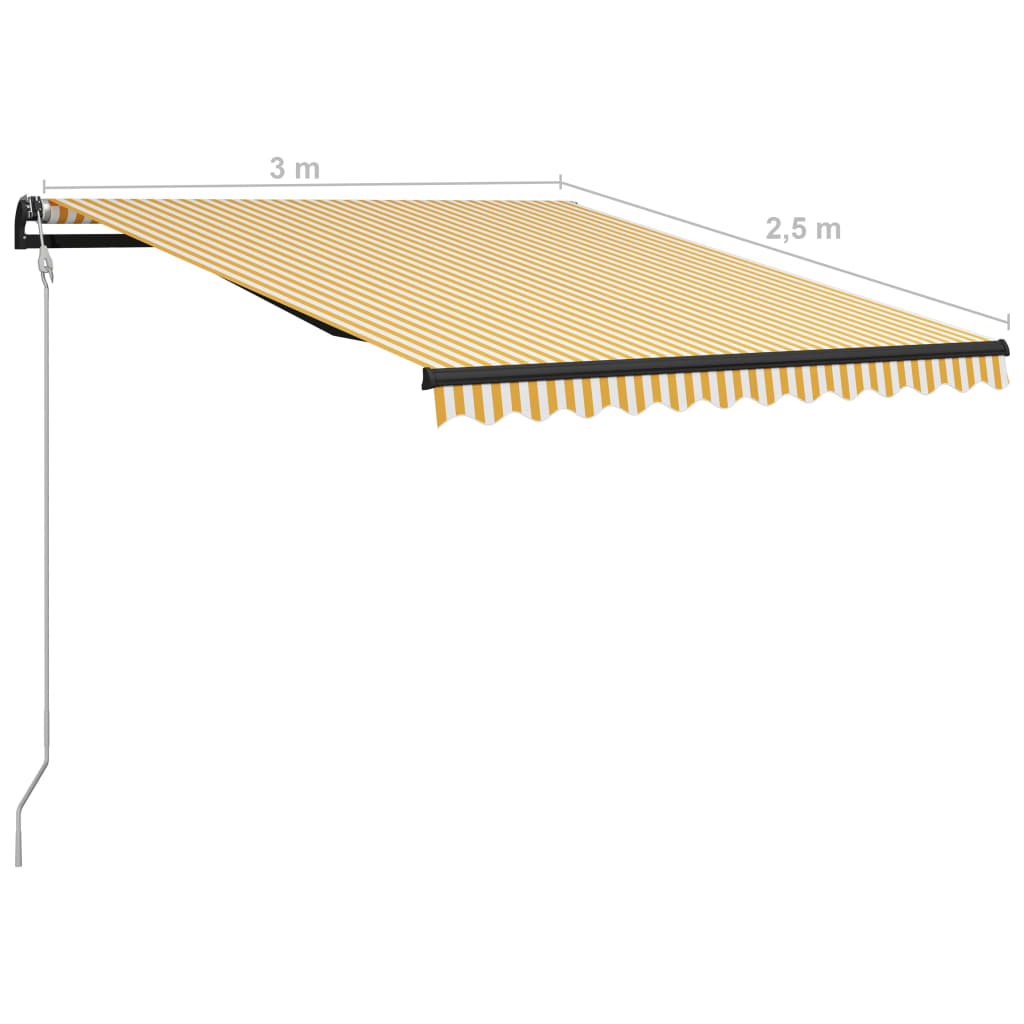 vidaXL Uttrekkbar markise med vindsensor og LED 300x250 cm gul og hvit